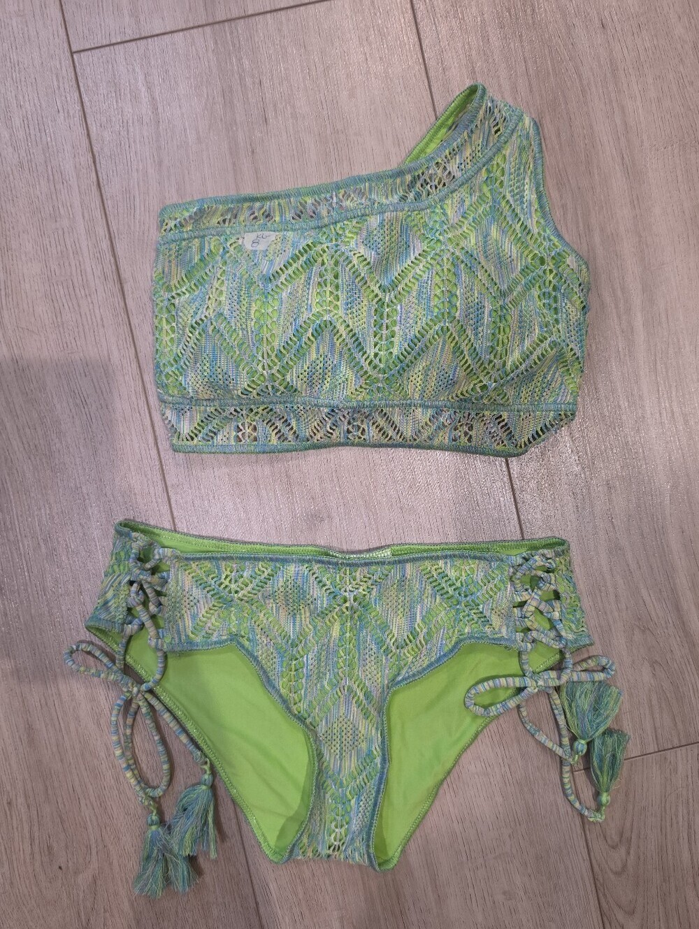 Becca Crochet Lace-Up High Waisted Bikini Set XS/XP Green Blue - Picture 2 of 4